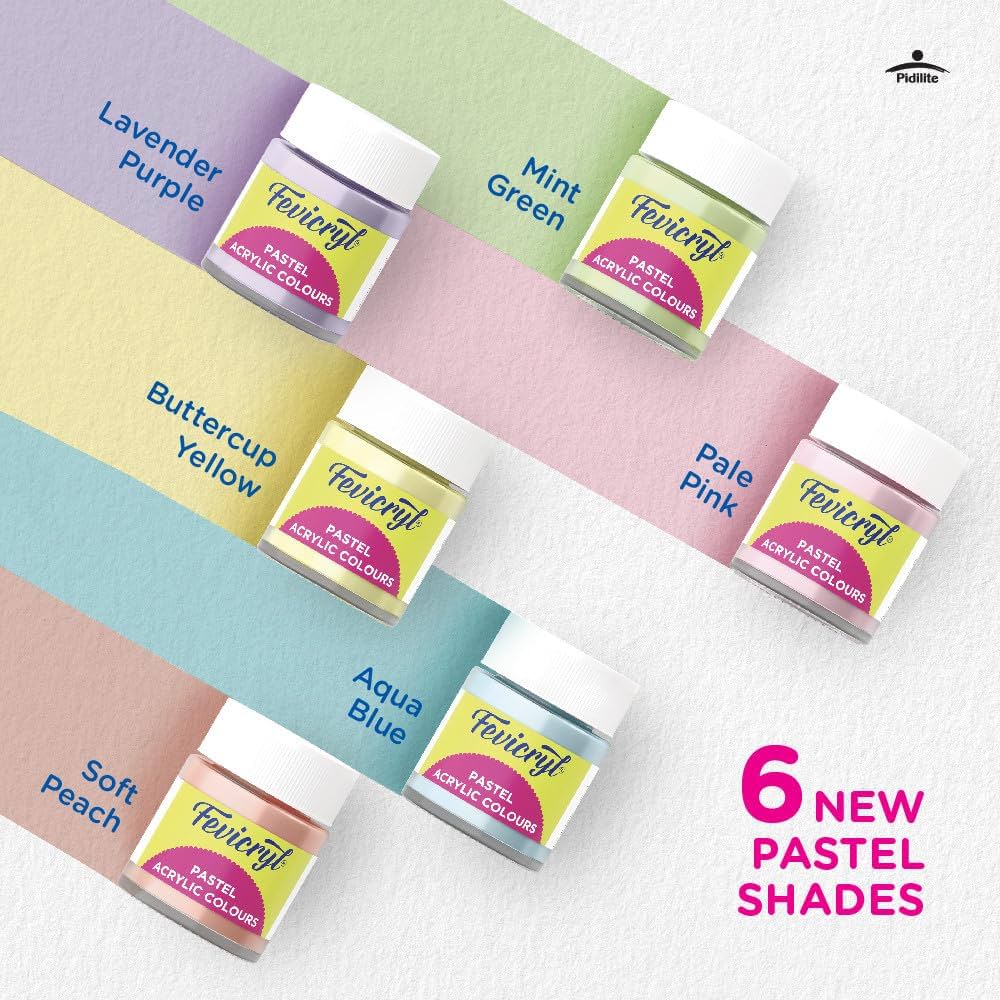 Fevicryl Pastel Acrylic Colours - Set of 6 (15ml)Pastel Acrylic Colours 6  Shades / Soft peach / Buttercup